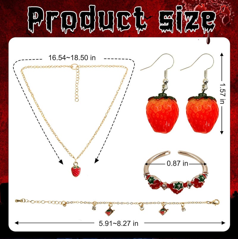 Voiiake Strawberry Costume Jewelry Set for Women - Cute Strawberry Accessories - Necklace, Earrings, Ring & Chain Bracelet for Halloween Party, Cosplay, Halloween Costumes - Image 3